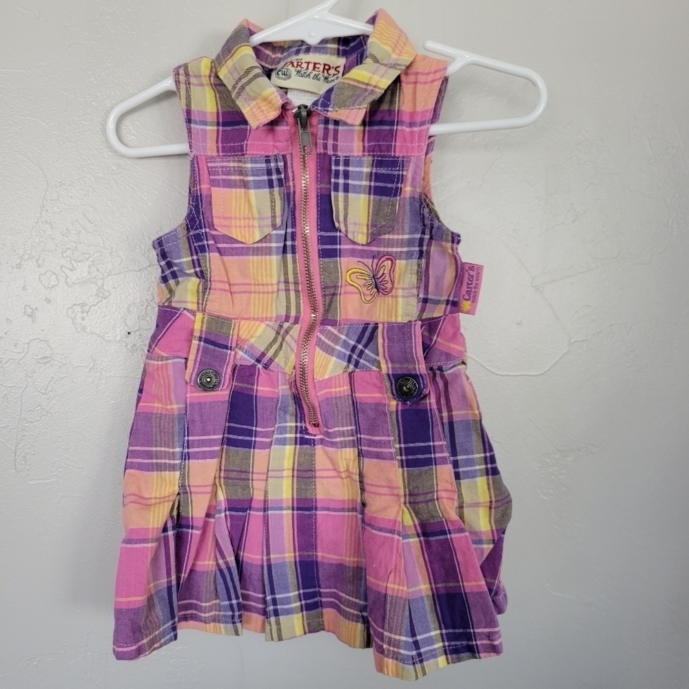 Carter's Vintage Baby Girl 12 Months Pink Purple Yellow Plaid Sleeveless Dress